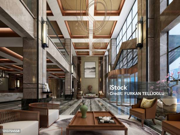 3d Render Of Luxury Hotel Reception And Lobby Stock Photo - Download Image Now - Hotel, Lobby, Luxury