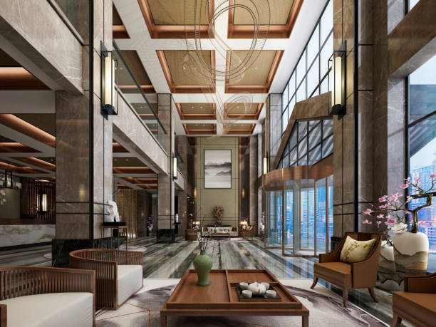 3d render luksusowej recepcji i holu hotelowego - hotel reception lobby hotel luxury zdjęcia i obrazy z banku zdjęć