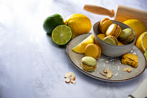 Citrus Macaron cookies sweet pastry with orange and lemon stock photo