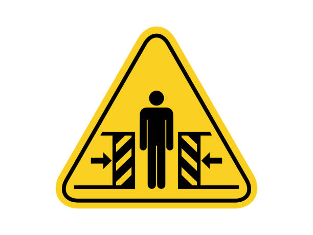 isolated watch out automatic door, common hazards symbols on yellow round triangle board warning sign for icon, label, logo or package industry etc. flat style vector design. isolated watch out automatic door, common hazards symbols on yellow round triangle board warning sign for icon, label, logo or package industry etc. flat style vector design. entrapment stock illustrations