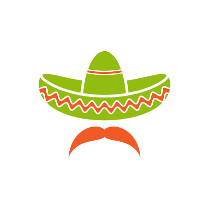 Sombrero, Mexican hat with mustache black icon. Flat logo isolated on white. vector illustration. Cinco De Mayo symbol. Mexico symbol.