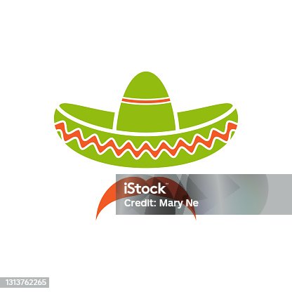 istock Sombrero, Mexican hat with mustache black icon. Flat logo isolated on white. vector illustration. 1313762265