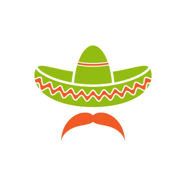 Vector illustration of Sombrero, Mexican hat with mustache black icon. Flat logo isolated on white. vector illustration.