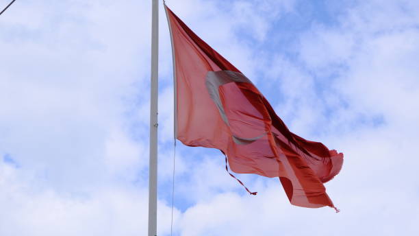 istock Huge turkish flag with overcast cloudy sky background. 1313763350