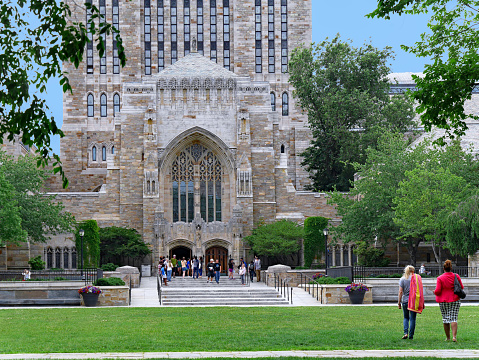 New Haven, CT - June 25, 2015:  This tall gothic style stone building is the main library on the Yale University campus.