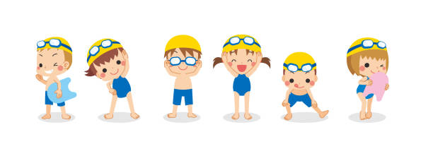 ilustrações de stock, clip art, desenhos animados e ícones de little kids in competition swimwear - swimming goggles