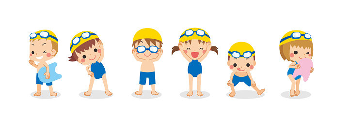 Illustration of little children standing in competition swimwear.