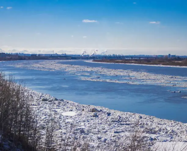 Ice drift along the Tom river. Tomsk. Russia.