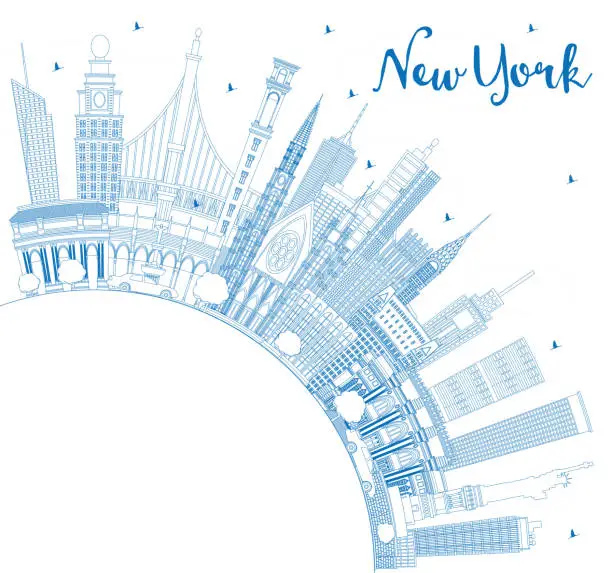 Vector illustration of Outline New York USA City Skyline with Blue Buildings and Copy Space.