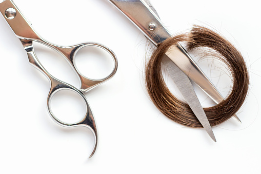 Professional hairdressing scissors and cut ends of hair on a white background.