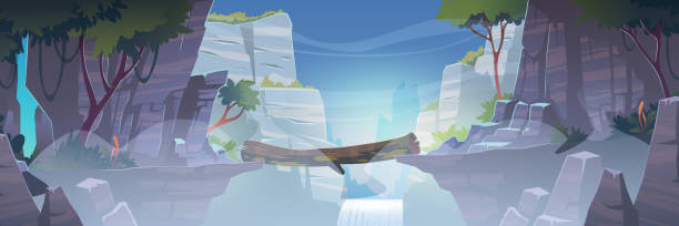 ilustrações de stock, clip art, desenhos animados e ícones de mountain landscape with log bridge above river - waterfall cartoon tropical rainforest vector