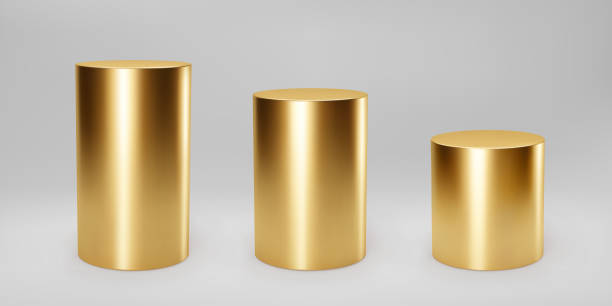istock Gold 3d cylinder set front view and levels with perspective isolated on grey background. Cylinder pillar, golden pipe, museum stages, pedestals or product podium. 3d basic geometric shapes vector 1313771621