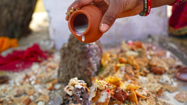 kobieca ręka modląc się i czcząc boga z mlekiem i różnego rodzaju pysznym jedzeniem. pojęcie religii hinduistycznej. - shiv bangalore shiva god zdjęcia i obrazy z banku zdjęć