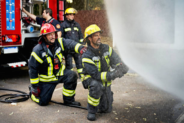 Germany: Water escapes from a fire hose during extinguishing work.