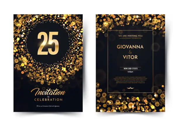 Vector illustration of 25th years birthday vector black paper luxury invitation double card. Twenty five years wedding anniversary celebration brochure. Template of invitational for print dark background with bokeh lights.
