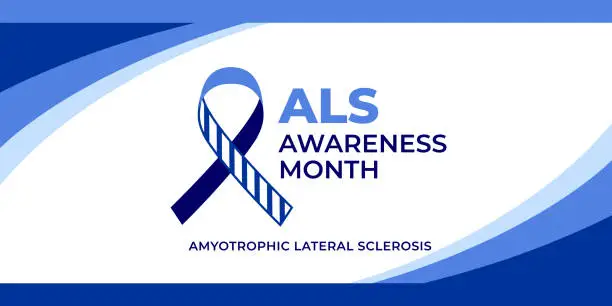 Vector illustration of Als awareness month. Vector banner for social media, card, poster. Illustration with text Als awareness month, amyotrophic lateral sclerosis. Blue striped ribbon on a white background.