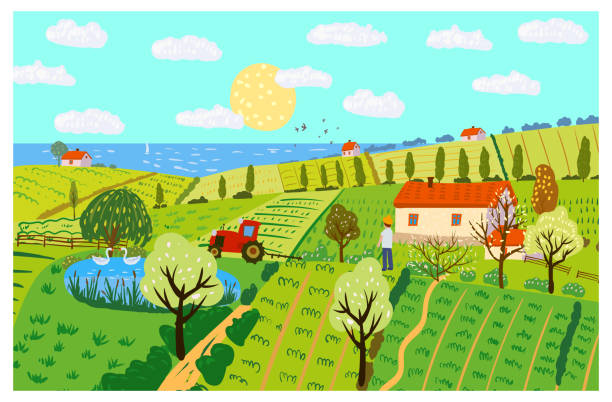 Spring rural landscape farm house, green fields, hills, blooming trees. Countryside panoramic nature, barn, tractor, farmer. flowers. Vector doodle illustration poster banner Spring rural landscape farm house, green fields, hills, blooming trees. Countryside panoramic nature, barn, tractor, farmer. flowers Vector doodle rolling field stock illustrations