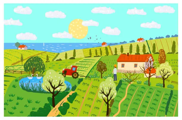 Vector illustration of Spring rural landscape farm house, green fields, hills, blooming trees. Countryside panoramic nature, barn, tractor, farmer. flowers. Vector doodle illustration poster banner