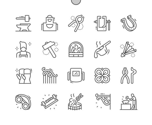 schmied. hufeisen, hammer, geschmolzenes metall. schmiedemaschine. handarbeit, handwerkskunst, schmiede, stahl- und metallarbeiten. pixel perfect vector thin line icons. einfaches minimal piktogramm - blacksmith stock-grafiken, -clipart, -cartoons und -symbole