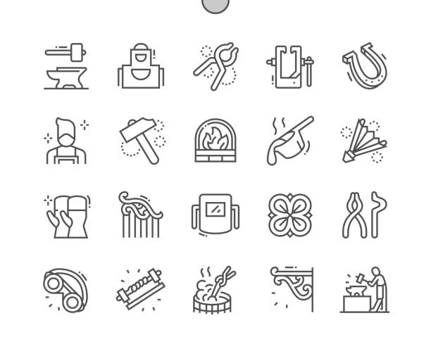 Blacksmith. Horseshoe, hammer, molten metal. Forging machine. Handwork, craftsmanship, forge, steel and metalwork. Pixel Perfect Vector Thin Line Icons. Simple Minimal Pictogram Blacksmith. Horseshoe, hammer, molten metal. Forging machine. Handwork, craftsmanship, forge, steel and metalwork. Pixel Perfect Vector Thin Line Icons. Simple Minimal Pictogram bellows stock illustrations