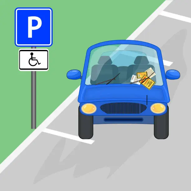 Vector illustration of Car parked in disabled parking area. Parking violation ticket fine placed on the car windshield, under wiper.