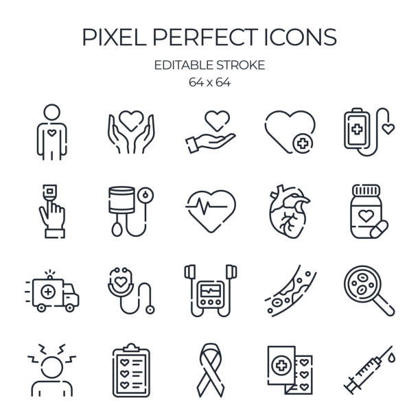 ilustrații de stoc cu pictogramele de contur editabil legate de atacul de cord sunt setate izolate pe ilustrația vectorială plană cu fundal alb. pixel perfect. 64 x 64. - pacient