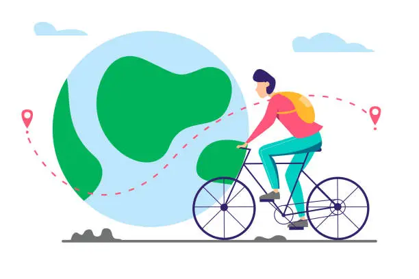 Vector illustration of Man riding a bicycle near a huge planet. Vector illustration for application and site. Modern design for travel, active lifestyle.