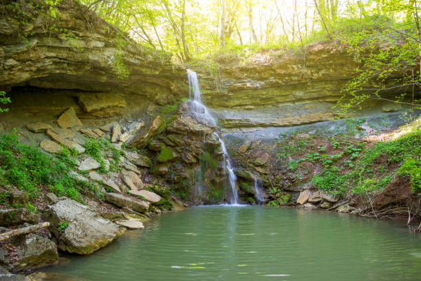 istock a small waterfall on a forest stream on a spring or summer sunny morning 1313783472