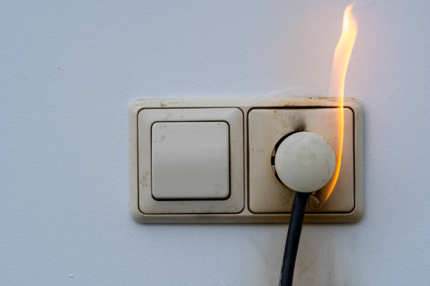 istock Close-up of electrical fire with the wire and wall plug 1313784424