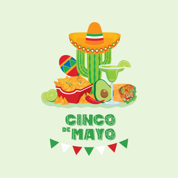 ilustrações de stock, clip art, desenhos animados e ícones de cinco de mayo mexican holiday with mexican food and drink vector - mexican culture cinco de mayo backgrounds sombrero