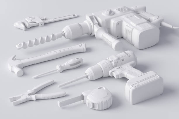istock Top view of monochrome construction tools for repair and installation on white 1313789131