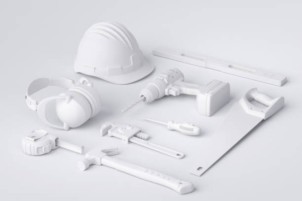 Top view of monochrome construction tools for repair and installation on white background. 3d rendering and illustration of service banner for house plumber or repairman