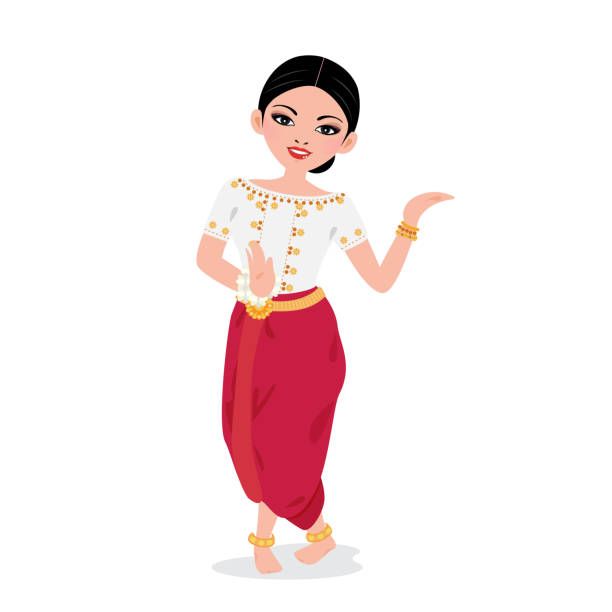 cambodia lady dance Cambodia classical dance - female in traditional costumes. khmer stock illustrations