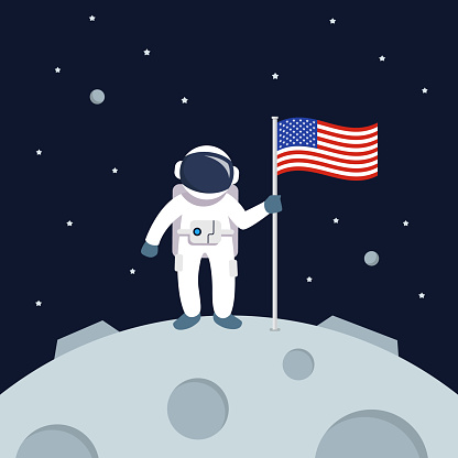 Astronaut Landing On Moon Holding American Flag. star and planets on galaxy background. Flat style vector illustration