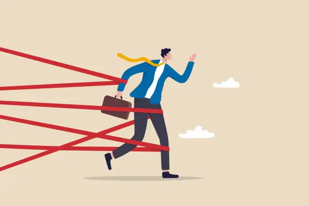 Vector illustration of Business difficulty or struggle with career obstacle, limitation and trap or challenge to overcome to success concept, businessman tied up with red tape trying to run away with full effort.