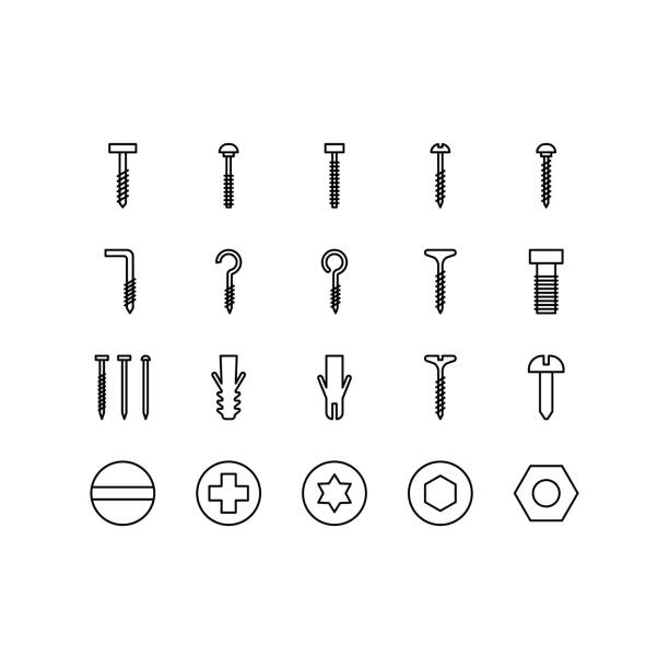 ilustrações de stock, clip art, desenhos animados e ícones de icon set of screw and nails, nuts, bolts, rivets and nails for fastening and fixing. workshop assortment. vector icons for web design isolated on white background. editable stroke - flange screw isolated metal