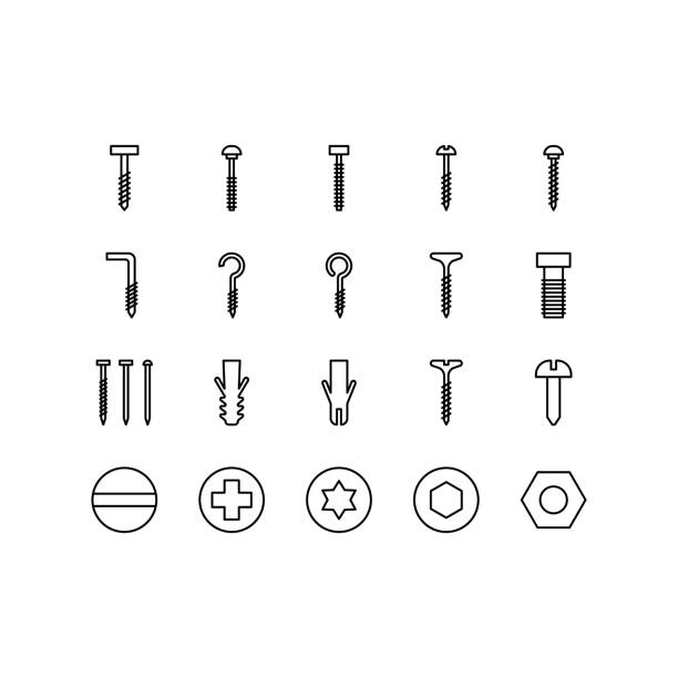 Icon set of screw and nails, nuts, bolts, rivets and nails for fastening and fixing. Workshop assortment. Vector icons for web design isolated on white background. Editable stroke Icon set of screw and nails, nuts, bolts, rivets and nails for fastening and fixing. Workshop assortment. Vector icons for web design isolated on white background. Editable stroke. flange stock illustrations