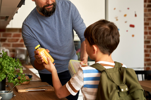 Close up of father giving son lunch box for school