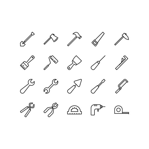 Construction tools icon set. Outline signs plumbing work, repair, construction buildings. Hammer, screwdriver, saw, spanner. Vector icon. Editable Strokes Construction tools icon set. Outline signs plumbing work, repair, construction buildings. Hammer, screwdriver, saw, spanner. Vector linear icon Editable Strokes road scraper stock illustrations