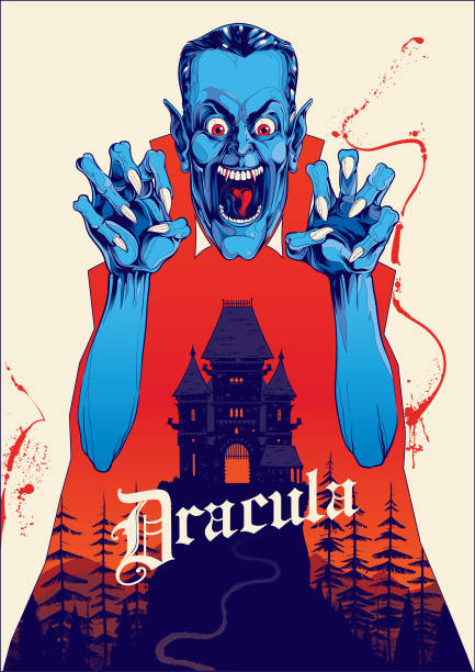 ilustraciones, imágenes clip art, dibujos animados e iconos de stock de cartel de drácula vampiro e ilustración de casa embrujada - horror monster spooky movie