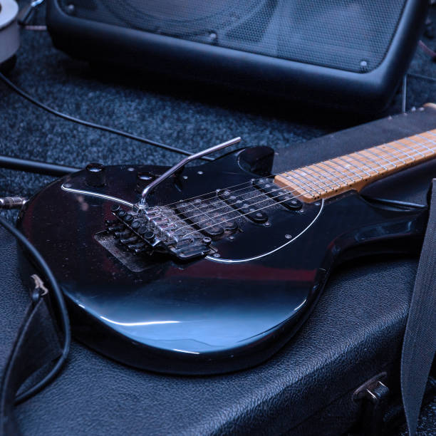 istock Black electric guitar with tremolo on a hard case 1313792305