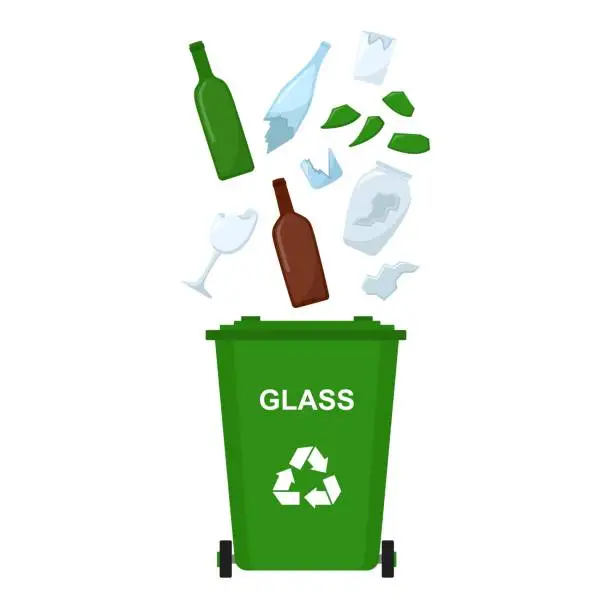 Vector illustration of Garbage bin with glass waste, recycling garbage, vector illustration