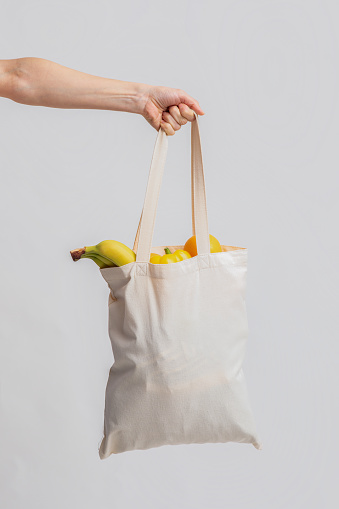 Female Hand Holding Blank Eco Tote Bag With Organic Fruits And Vegetables Over Light Studio Background, Unrecognizable Lady Using Reusable Canvas Bag For Grocery Shopping, Closep Shot