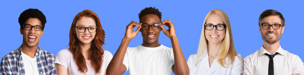 istock Happy smiling people expressing positive emotions wearing specs 1313796902