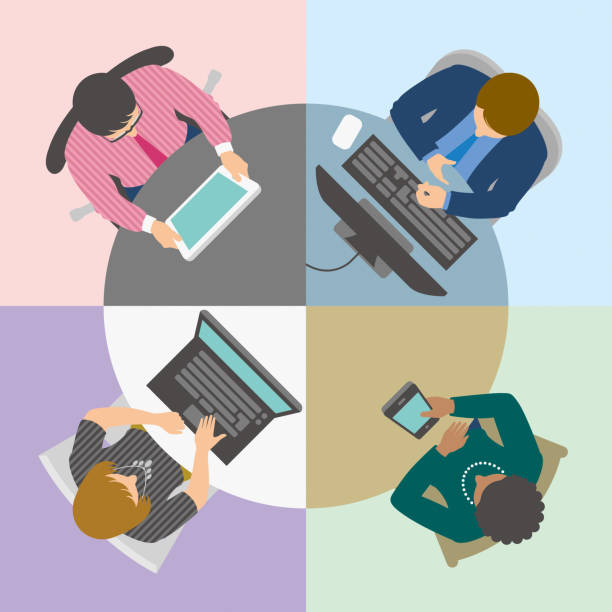 Group of business people having online meeting or video conference at virtual round table viewed from above High angle view of virtual conference table with 4 business people using digital devices. table illustrations stock illustrations