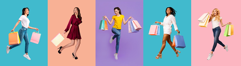 Commerce Concept. Full body length composite collage of five cheerful multiethnic female customers walking, flying and jumping with shopping bags from store isolated over colorful studio backgrounds