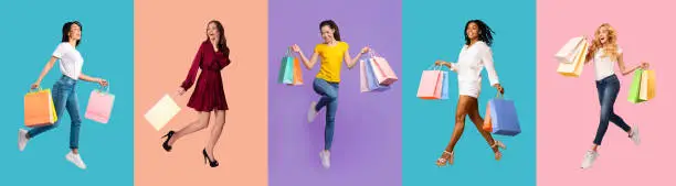 Photo of Young diverse women jumping with bags at colorful studio, collage