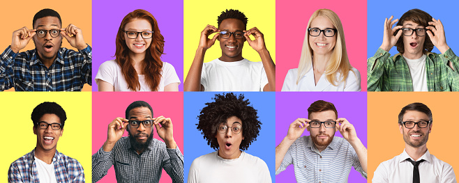 Win, Victory, Sales Concepts. Mosaic series of portraits with smiling and surprised multiethnic people wearing glasses, expressing different reactions, diverse males and females staring at camera