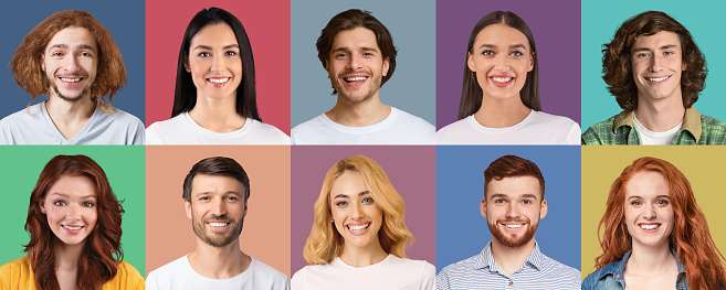 Human Emotions And Facial Expression Concept. Composite collage of happy smiling young women and men headshots on colored studio backgrounds. Portraits of excited people in a row, panorama.