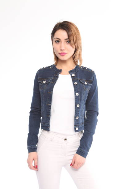 istock young woman in white jeans with blue denim jacket 1313799370